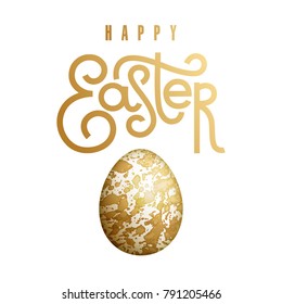 Easter card with realistic Easter egg and inscription "Happy Easter". Marble pattern. Gold foil and white color. Vector illustration art. Festive design.