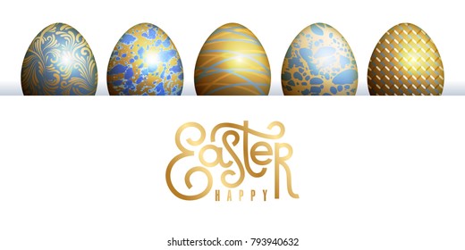 Easter card with realistic Easter egg and inscription "Happy Easter". Floral, geometric, and marble patterns. Gold foil, white and blue color. Vector illustration art. Festive design.