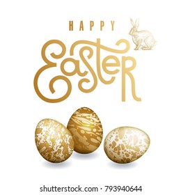 Easter card with realistic Easter eggs, easter bunny and inscription "Happy Easter". Marble patterns. Gold foil and white color. Vector illustration art. Festive design.