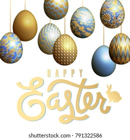 Easter card with realistic Easter eggs with floral, geometric and marble patterns, silhouette of hare, and inscription "Happy Easter". Gold, blue and white. Vector illustration art. Festive design.