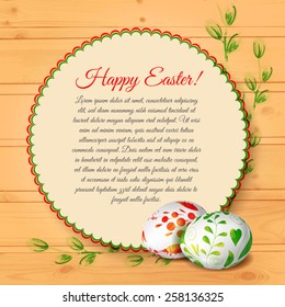 Easter card with realistic eggs on wood texture. Watercolor. Vector background. Holiday. 