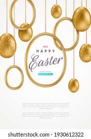 Easter card with realistic gold eggs and round frame on white background. Vector illustration. Poster, holiday banner, flyer or greeting voucher design template layout. Place for your text.