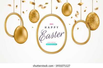 Easter card with realistic gold eggs, round frame and confetti on white background. Vector illustration. Poster, holiday banner, flyer or greeting voucher design template layout. Place for text.