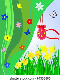 Easter card. Red egg with bow and ribbon, daffodils with grass and drops, butterflies. Vector illustration.