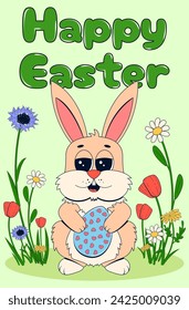 Easter card in retro cartoon style. A bunny with an Easter egg stands in the middle of a flower lawn. Vector illustration of a greeting flyer.