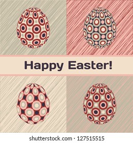 Easter card in retro colors design with patterned eggs and banner.