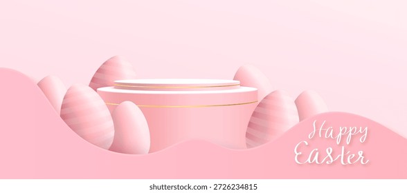 Easter card with round podium and pink eggs. Vector realistic illustration of holiday greeting card with product or sale presentation stage, golden lines and wave decoration on pastel background