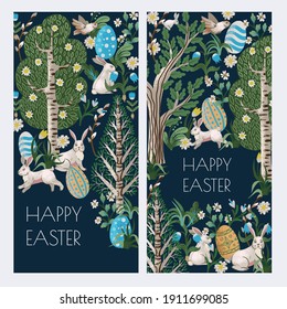 Easter card with rustic  trees, rabbits, eggs and other. Vector illustration