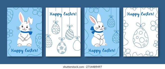 Conjunto de tarjeta de Pascua. Doodle tarjetas de felicitación de dibujos animados con huevos pintados y conejos de Pascua lindos. Perfecto para saludos y decoraciones de Pascua.