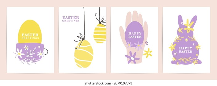 Osterkarte mit Ei in einer Tasse, Hand, mit traditionellem Frühlingssymbol und süße, mit Blumen geschmückte, sonnige Silhouette.