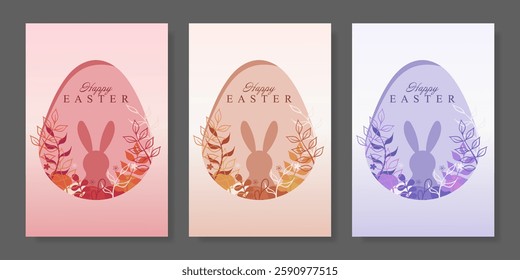 Easter card set featuring bunny silhouettes within floral-decorated eggs. Soft pink, beige, and lavender tones create a warm and festive holiday feel