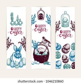 Easter card set, hand drawn Isolated vector illustration. Bunny in a basket, rabbit, easter cake, butterfly, hyacinth, willow branch, bird nest, easter eggs. Engraving