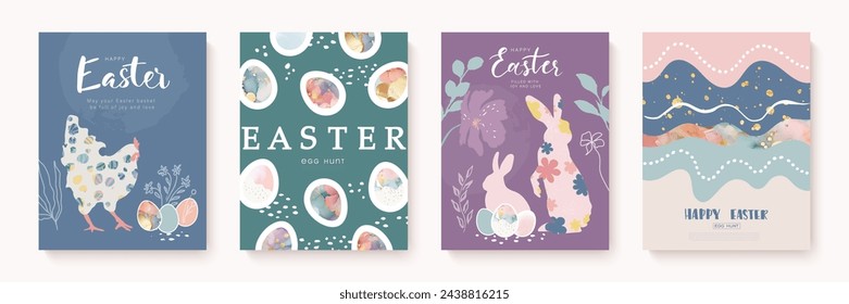 Easter card set. Modern fashionable design with painted eggs, hares, chicken. Vector illustration with hand drawn elements