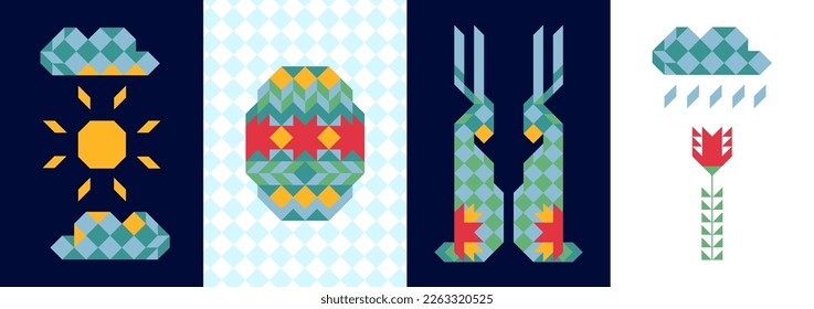 Easter card set with rabbit, egg, flower, sun, cloud,rain geometric, modern, minimalist style. Spring card, invitation, background, greeting, posters, cover, print. Sketch vector illustration.