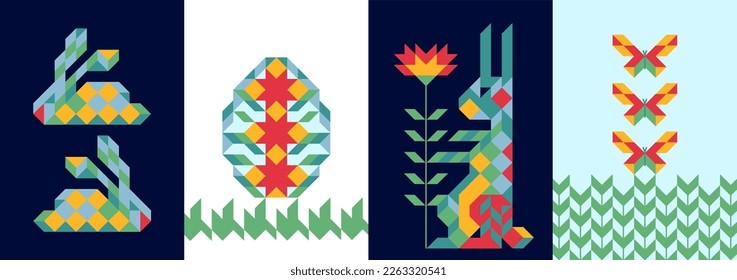 Easter card set with rabbit, egg, flower, butterfly geometric, modern, minimalist style. Holiday card, invitation, background, greeting, posters, cover, print. Sketch vector illustration.