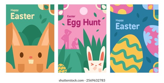 Easter card set. Three flat designs, a brown bunny, a white bunny hiding in an egg hunt, and three pastel-colored Easter eggs. Ideal for seasonal greetings, posters, banners, postcards, or decoration.