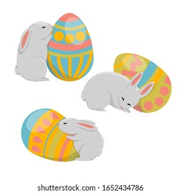 Easter card set. Three little cute rabbits sleep near easter egg decorated for the holiday. Vector illustration