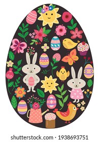Easter card in the shape of an egg. Cute hand drawn Easter elements. Vector illustration.