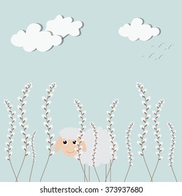 Easter card with sheep and willow branches