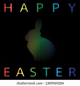 easter card with silhouettes of hares with circle of small circles halftone effect with iridescent color and wavy distortion on a black background. Happy easter day
