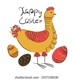 Easter card in a simple style. Cute chicken with Easter eggs, next to the inscription - Happy Easter. Stock vector illustration on a white background.