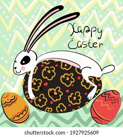 Easter card in a simple style. A cute bunny is lying on an Easter egg, next to it is written the text - Happy Easter. Stock vector illustration on light green color.