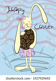 Easter card in a simple style. A cute bunny in a dress and with a bow on the ear is holding a black Easter egg in a flower, next to it is the text - Happy Easter. Stock vector illustration 