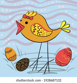 Osterkarte in einem einfachen Stil. Ein süßes Huhn und Eier daneben. Stock-Vektorgrafik auf hellblauem Hintergrund.
