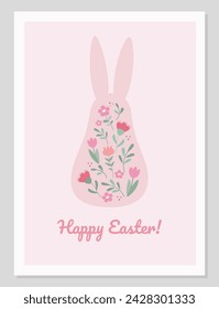 Tarjeta de Pascua simple en diseño vintage. Lindo conejito de Pascua y huevos de Pascua ilustración vectorial.
