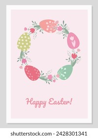 Easter card simple in vintage design. Cute easter bunny and easter eggs vector illustration.