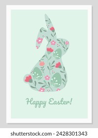 Easter card simple in vintage design. Cute easter bunny and easter eggs vector illustration.