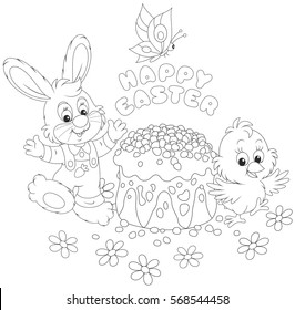 Easter card with a small bunny, a chick and a decorated cake