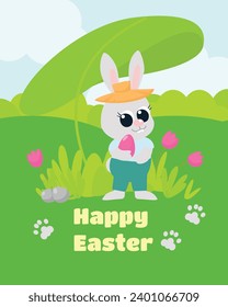 Easter card. A small cute Easter bunny is standing with a painted egg in his hands. Illustration in cartoon style.