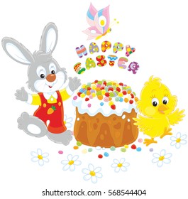 Easter card with a small grey bunny, a yellow chick and a colorfully decorated cake