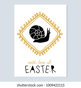 Easter card. Snail, frame isolated on white background. With love at Easter handwritten text