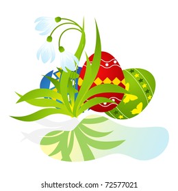 Easter Card with snowdrops and eggs. Vector illustration.