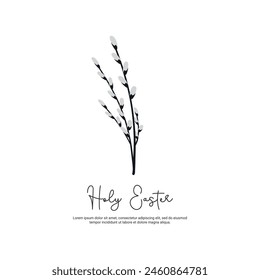 Easter card with a sprig of willow on a white background. Vector template for printing, postcards, social media