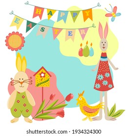 Easter card with spring flowers, candle eggs, bunny, chick, birdhouse. Checkboxes with the inscription happy easter. Vector cartoon illustration. Decoration for Happy Easter.