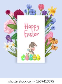 Easter card with spring flowers and cute baby bunn, decorative eggs in frame cartoon vector illustration. Funny bunny for easter holiday spring flowers card.