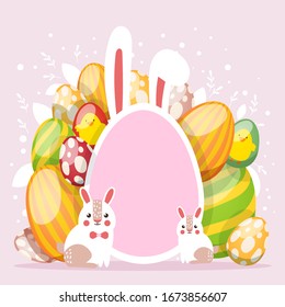 Easter card with spring flowers and cute baby bunny, decorative eggs in frame cartoon vector illustration. Funny bunny for easter holiday spring flowers card.