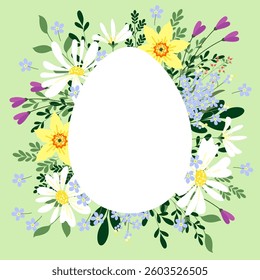 Easter card with spring flowers and a place for egg-shaped text. cute flowers in a naive flat style. postcard with flowers for Easter greetings. stock vector illustration. EPS 10.
