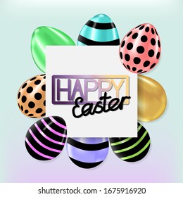 Easter card with square frame, color eggs on colorful background. Vector illustration. Place for your text.