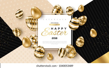 Easter card with square frame, gold ornate eggs and confetti on colorful modern geometric background. Vector illustration. Place for your text.