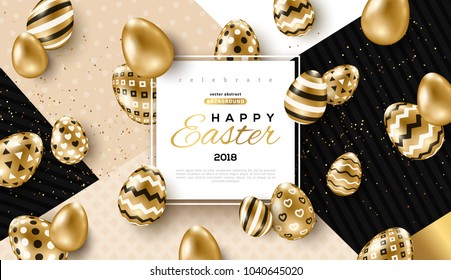 Easter card with square frame, gold ornate eggs and confetti on colorful modern geometric background. Vector illustration. Place for your text.