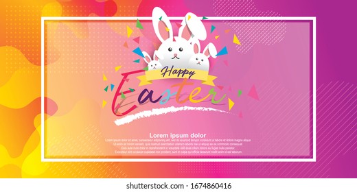 Easter card with square frame on colorful modern background.