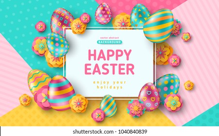 Easter card with square frame, paper cut flowers and colorful ornate eggs on modern geometric background. Vector illustration. Place for your text.