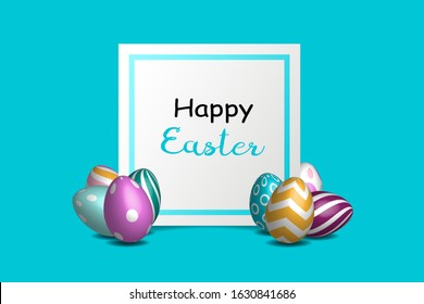 Easter card with square frame and realistic 3D eggs on blue background. Easter holiday celebration concept.