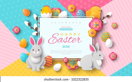 Easter card with square frame, spring flowers and flat icons on colorful modern geometric background. Vector illustration. Place for your text.