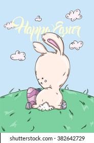 Easter card. Template banner cute Bunny with Easter eggs. Banners design for web app. Vector illustration.