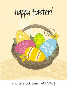 Easter card template - basket with colored eggs and flowers